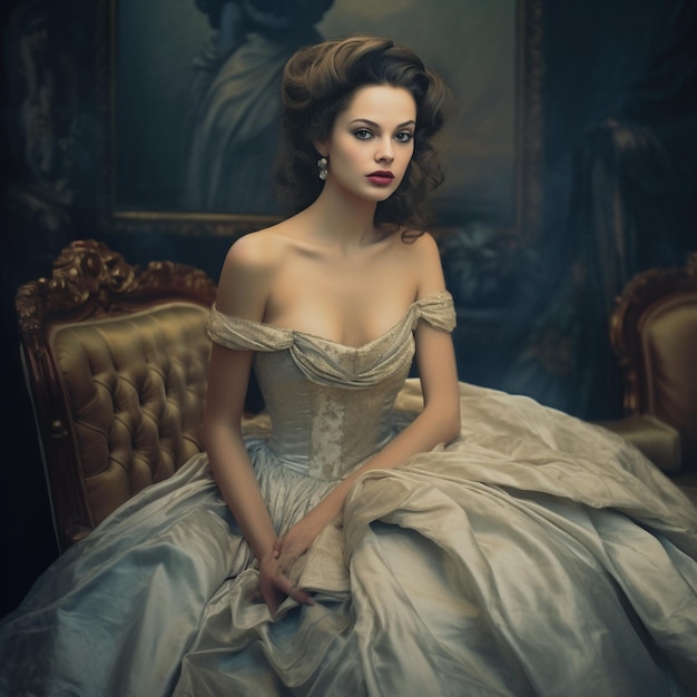 a woman in a dress with a long sleeved shirt sits in a chair