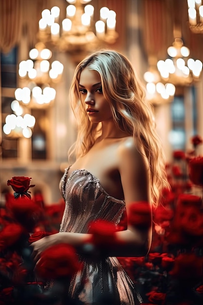 A woman in a dress with red roses in the background