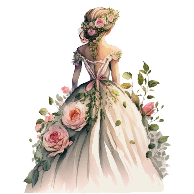 バラの花が描かれたドレスを着た女性