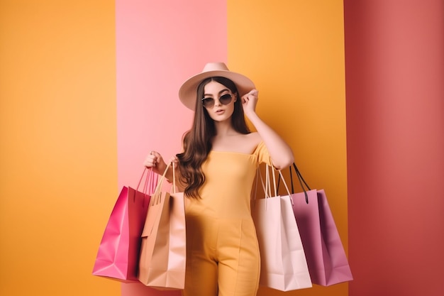 Photo woman in dress with shopping packets