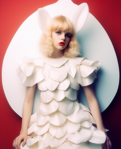 A woman in a dress with a white rabbit ears on it