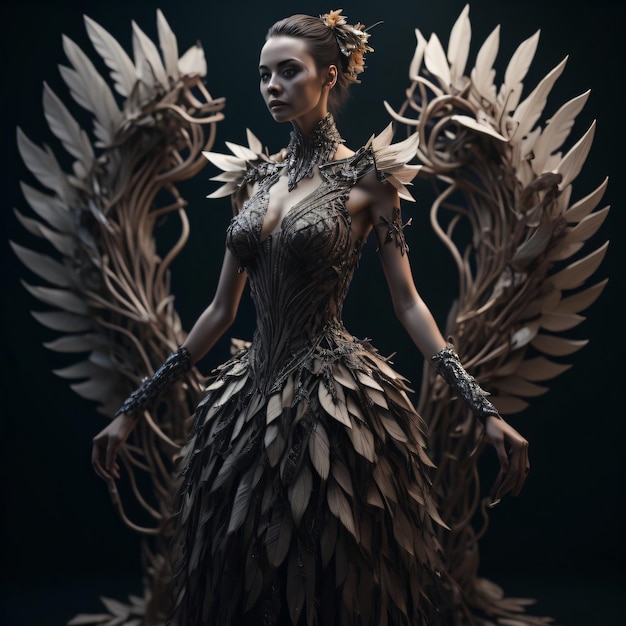 A woman in a dress with wings and a dragon on it