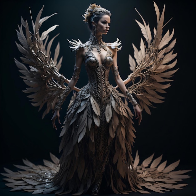 A woman in a dress with wings and feathers on it