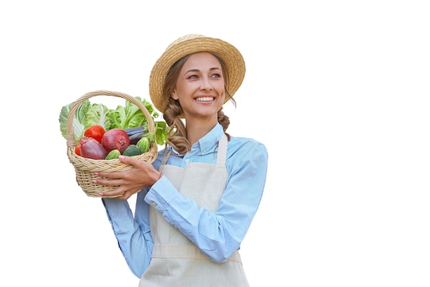 Woman dressed apron white background Caucasian middle age  female business owner in uniform