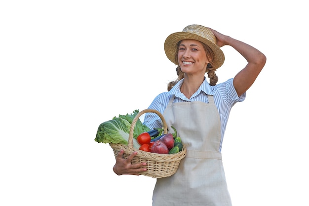 Woman dressed apron white background Caucasian middle age  female business owner in uniform