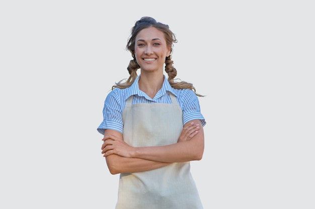 Woman dressed apron white background Caucasian middle age  female business owner in uniform