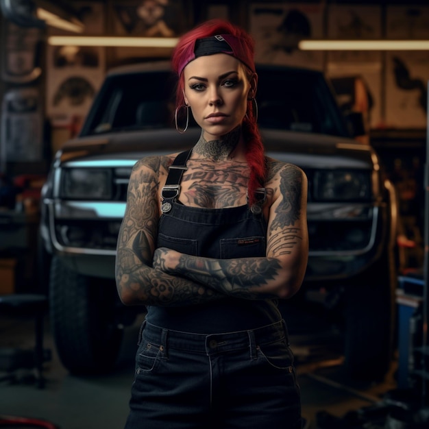 Woman dressed as car mechanic workshop background