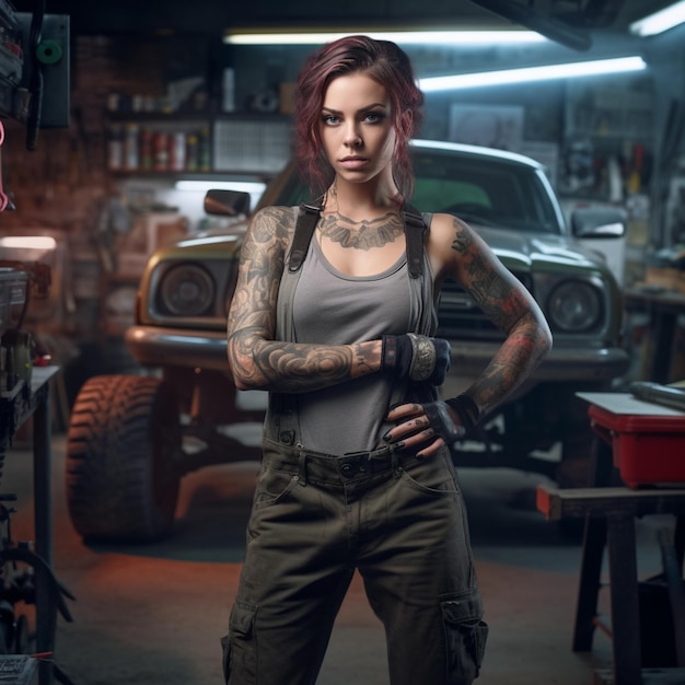 Woman dressed as car mechanic workshop background