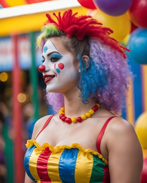 A woman dressed as a clown at a carnival