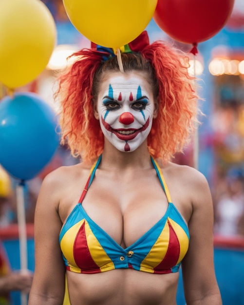 A woman dressed as a clown at a carnival