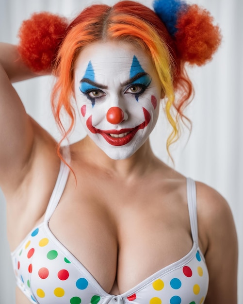 A woman dressed as a clown posing for the camera