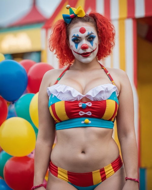 A woman dressed as a clown stands in front of balloons