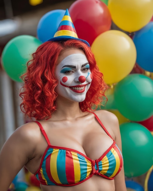 A woman dressed as a clown with balloons