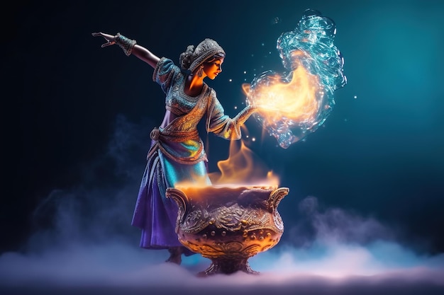 A woman dressed as a genie with a magic wand in her hand generative ai image