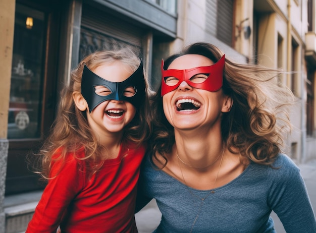 A woman dressed as a super hero and her daughter in spandex holding her