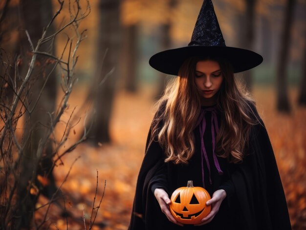 ハロウィーンに魔女の仮装をした女性