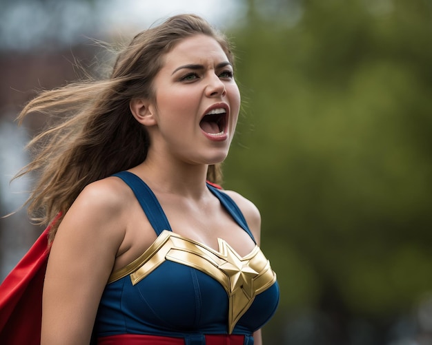 Photo a woman dressed as wonder woman with her mouth open