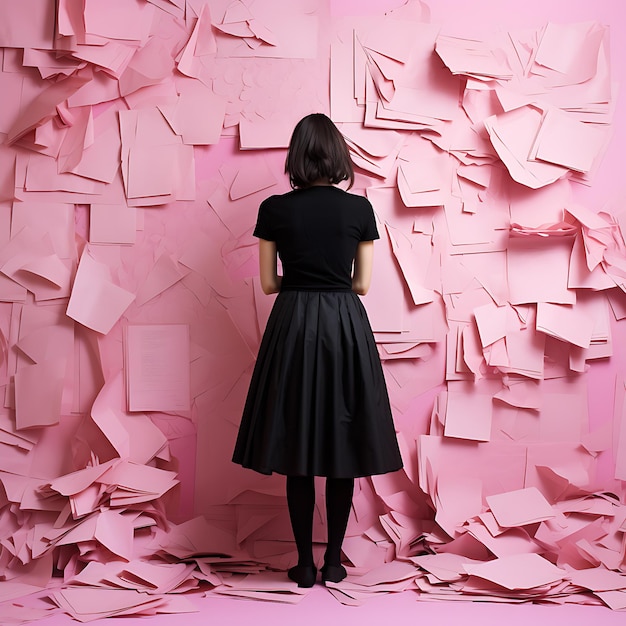 Foto una donna vestita di nero di fronte a un muro rosa coperto di carte rosa