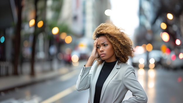 Woman dressed in a classic business suit of light color holding her hand behind her head is sufferin