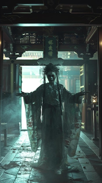 Photo a woman dressed in a ghost costume standing in a doorway