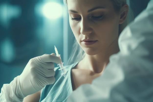 Photo a woman dressed in a hospital gown is holding a syringe this image can be used to depict medical procedures healthcare vaccinations or patient care