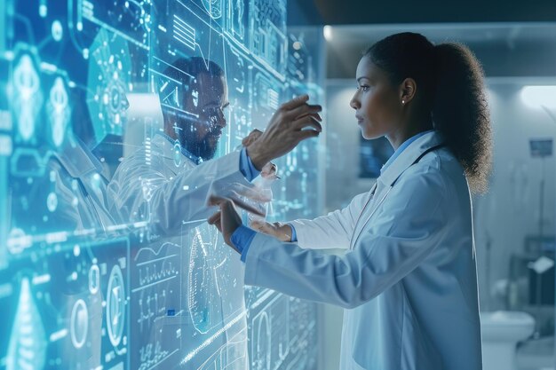 Photo a woman dressed in a lab coat is seen writing on a large screen in a laboratory setting doctors analyzing data on a holographic interface ai generated