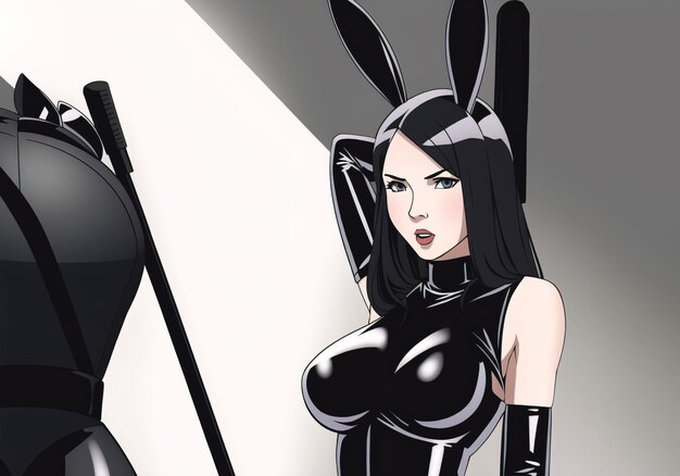 A woman dressed in a latex leather BDSM suit and a black rabbit mask Generative AI