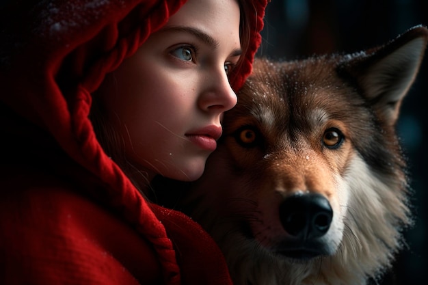 Foto una donna vestita di cappuccetto rosso e un feroce lupo catturati nel meraviglioso autunno