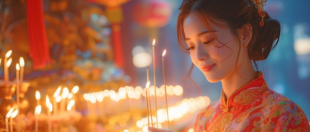 a woman dressed traditionally in a Chinese shrine lighting a candle praying in a temple