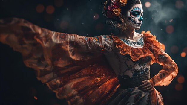 a woman dressed up in day of the dead costumes