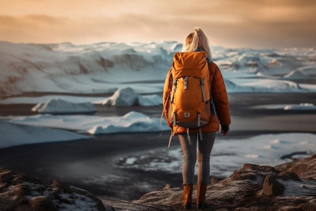 Donna vestita di abbigliamento sportivo invernale con zaini turistici che camminano in montagna ia generativa