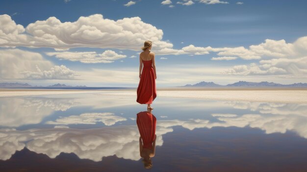 Photo a woman in dresses walks along a deserted mirror surface