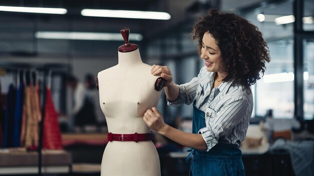 Woman dressing a tailor dummy mannequin