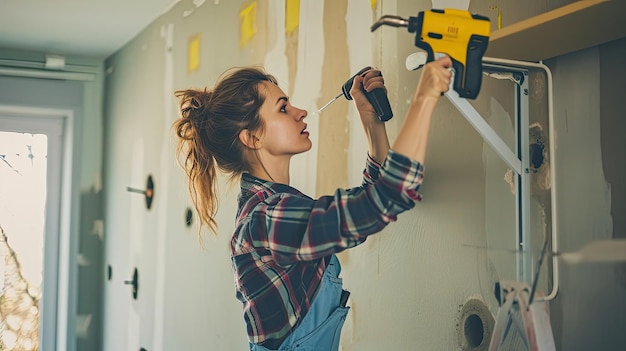 Foto donna che fa fori nel muro diy ristrutturazione fori di perforazione parete donna determinazione di utensili elettrici miglioramento della casa generato da ai