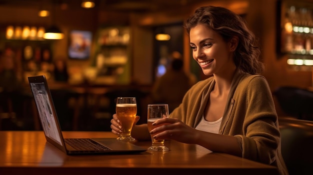 woman drinking beer from a glass in a bar with a laptop on the table.