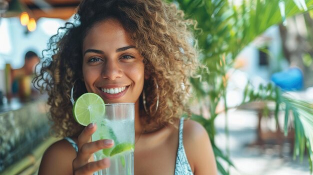 Photo woman drinking a caipirinha