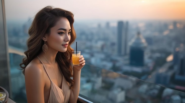 Premium AI Image | Woman drinking cocktail in rooftop bar at skyscraper ...