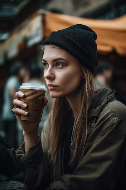 A woman drinking coffee from a paper cup