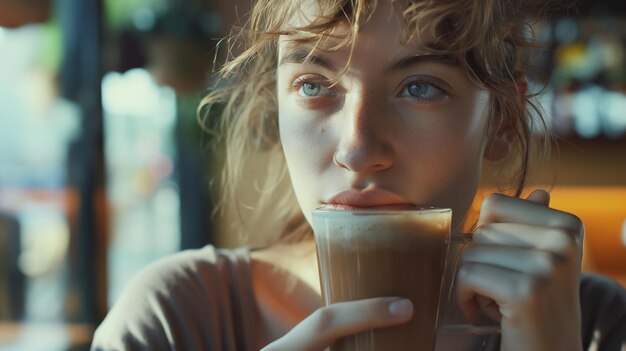 Photo a woman drinking coffee with a straw in her hand