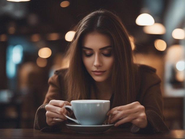 Photo a woman drinking a cup of coffee in a cafe.
