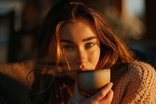 Женщина пьет чашку кофе, сидя.