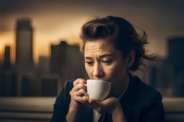 a woman drinking from a cup of coffee.