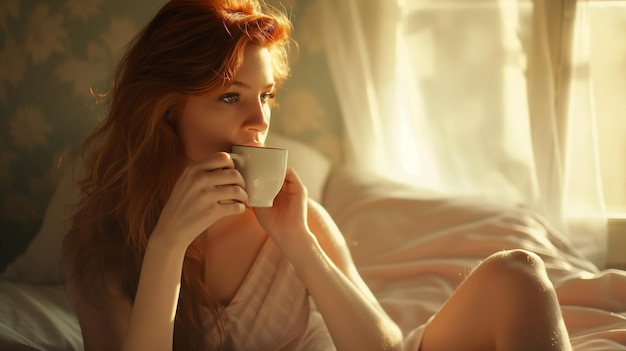 Photo a woman drinking from a cup that is on a bed