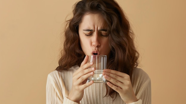 a woman drinking from a glass with a bottle of water in her mouth