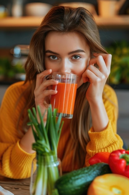 Photo woman drinking a glass of orange juice suitable for health and wellness concepts