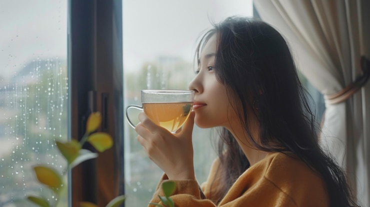 창문에서 차 한 잔을 마시는 여자