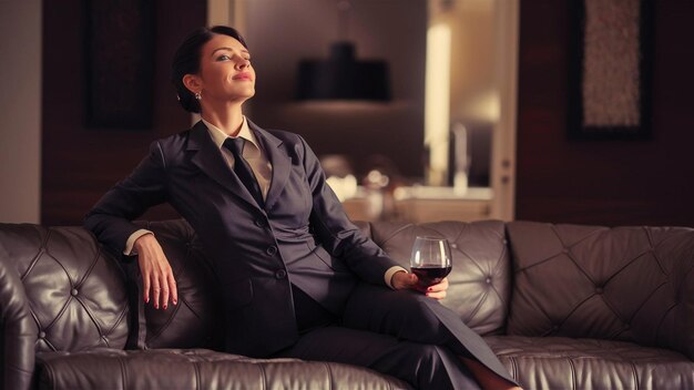 Photo woman drinking a glass of wine on a couch with a glass of wine