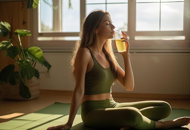 明るい部屋でヨガマットで緑のジュースを飲んでいる女性