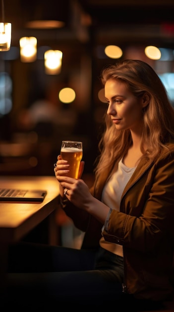 a woman drinking a pint of beer in a pub.