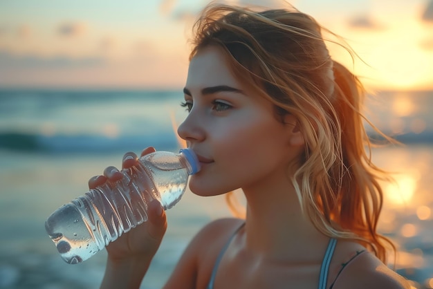 Foto donna che beve acqua sulla spiaggia